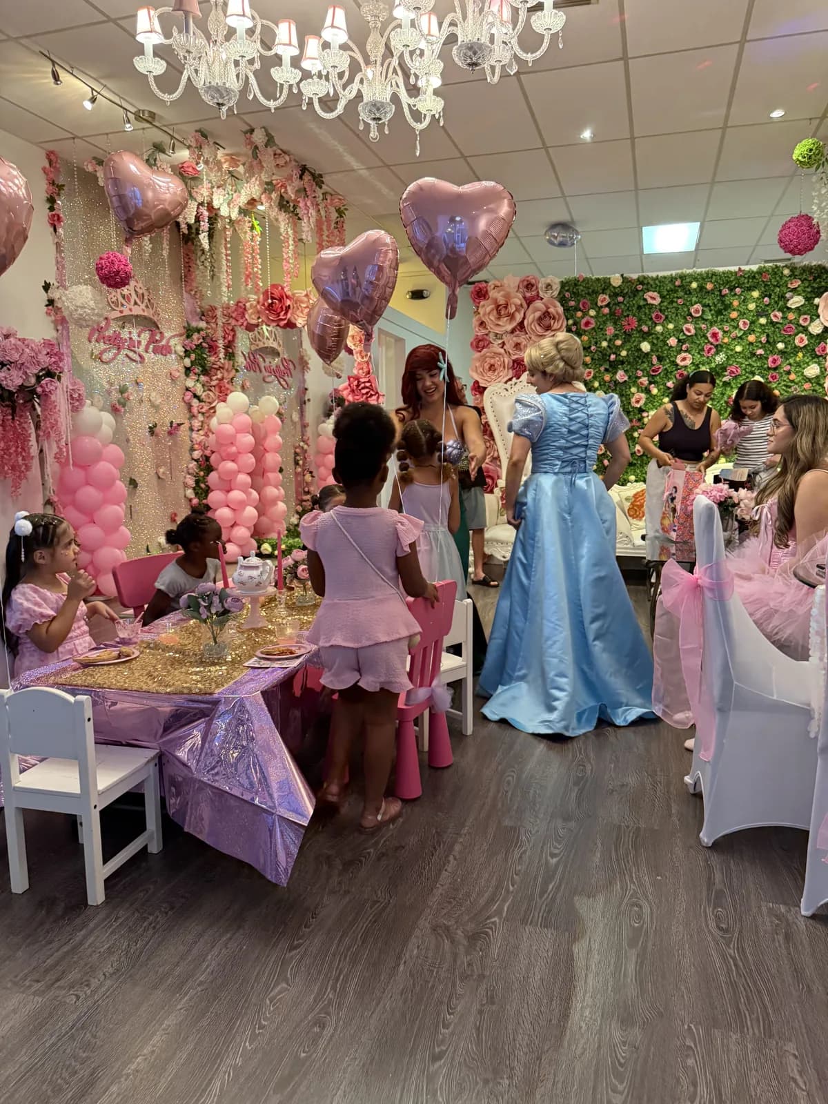 Disney princess party room with Ariel and Cinderella at Pretty in Pink Princess Spa, Fort Lauderdale FL